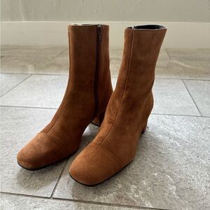 Staud Aimee block heel tan suede zip bootie